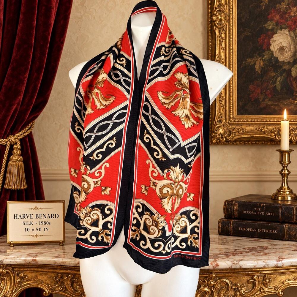 Vintage Harve Benard Silk Baroque Scroll Scarf 1980s Oblong Red Black 10x50
